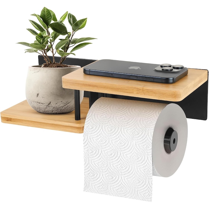Поставка за тоалетна хартия с дървен рафт и място за резервна ролка，Поставка за кърпички, поставка за телефон, поставка за тоалетна хартия, поставка за съхранение, монтаж на стена с лепило или винтове, модерен дизайн，30*12.5*8.5см