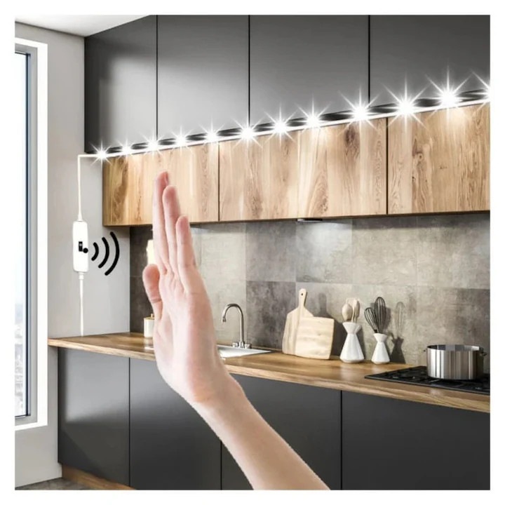 Banda Led pentru Mobila de Bucatarie, cu Declansator Automat pe Senzor si Intensitate Reglabila, cu Alimentare USB, 5 Metri, Lumina Alb Rece 6000K, ORIGINAL DEALS