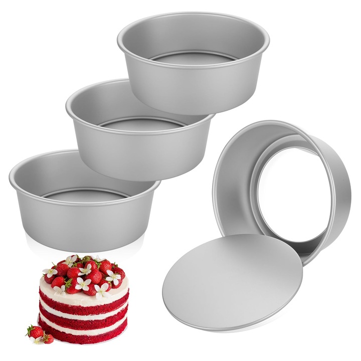 Set de 4 forme rotunde pentru tort Dajave, aluminiu, antiaderente, argintii, 22x8cm