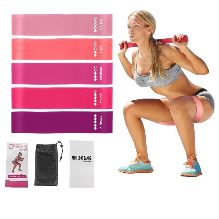 Комплект ластични ленти за упражнения, 5 броя, за разтягане и тренировка, многоцветни