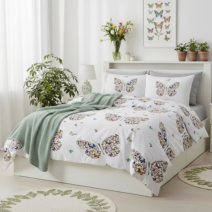 Lenjerie pat dublu ELVO 4 piese cearsaf pat 230x250 cm, pilota 200x230 cm, 2 fete perne 50x70 cm, Fluturi Alb / Gri Ralex Pucioasa