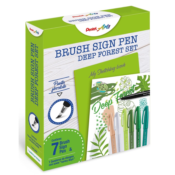 Комплект за скициране Pentel Brush Sign Pen Deep Forest с тефтер