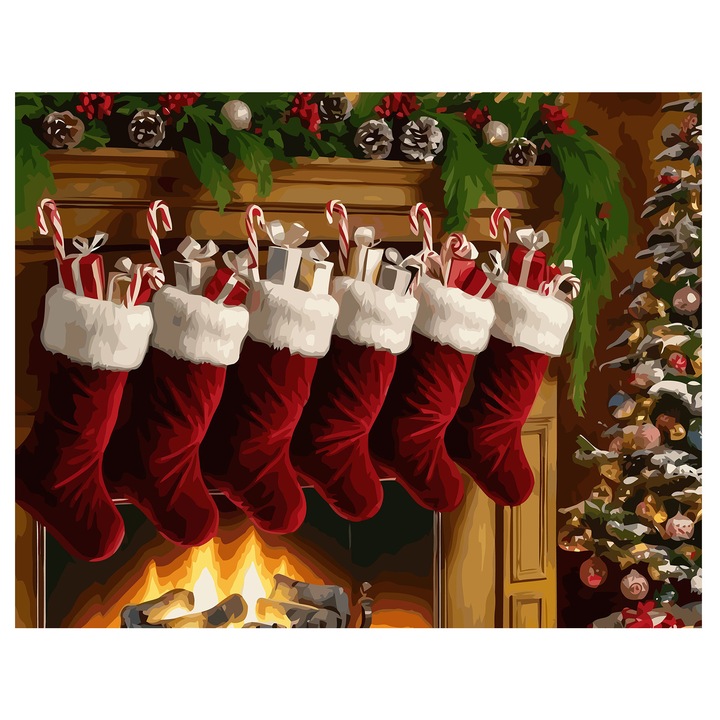 Set pictura pe numere Sosete de Craciun 6212, panza bumbac pe rama lemn, 40x50 cm, tablou cu schita, 3 pensule si vopsea acrilica