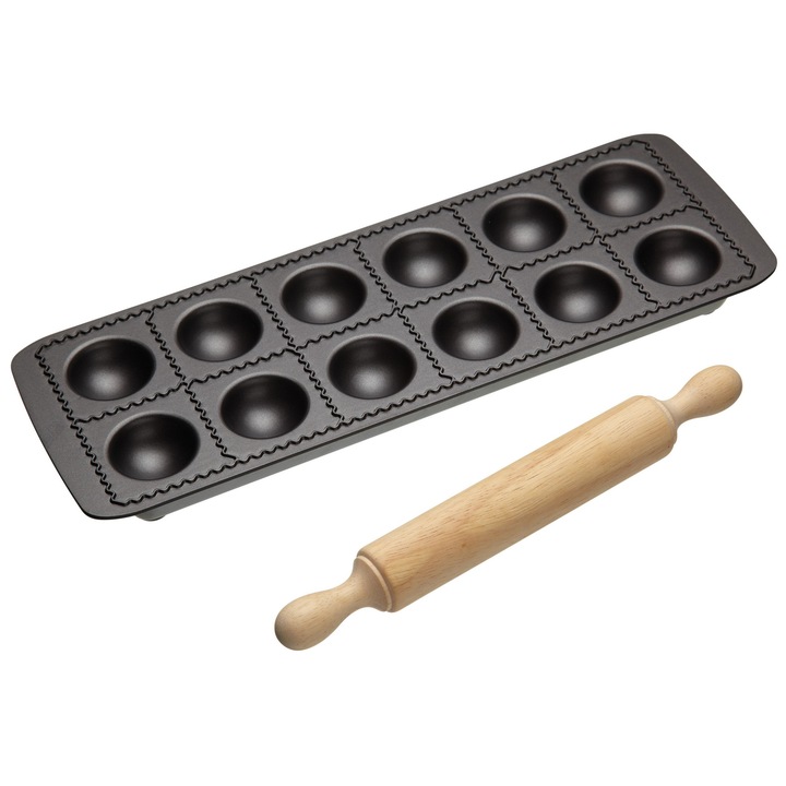 Ravioli készítő forma és nyújtófa szett, KitchenCraft, tapadásmentes, 12 db 5 cm-es