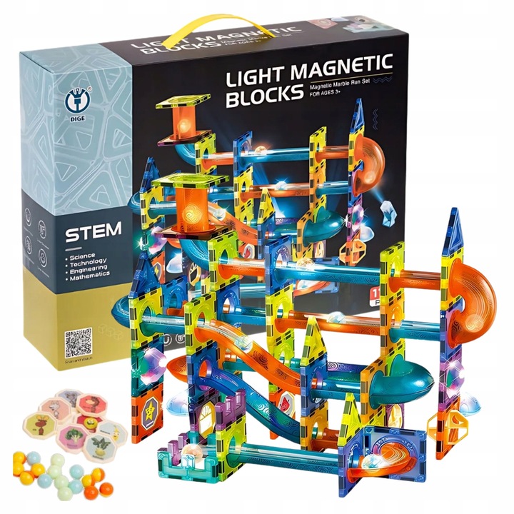 Set Pista cu Bile și Blocuri de Construcție, 110 Elemente, Multicolor, 10x1cm, pentru Copii peste 3 Ani