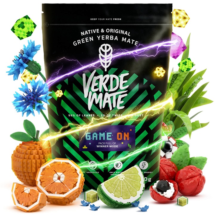 Ceai Yerba Mate, Verde Mate Game On, Aroma Bautura Energizanta, Sustine Memoria si Concentrarea, Uscat la Aer, Fara Gust Amar, 400g