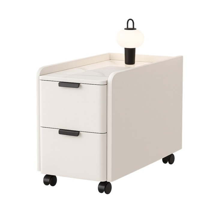 Noptiera moderna cu 2 sertare de depozitare si roti detasabile-culoare alb