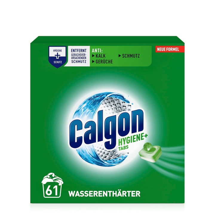 Tablete Calgon Hygiene+ pentru dedurizare apă, protecție igienică, 61 tablete, fără parfum