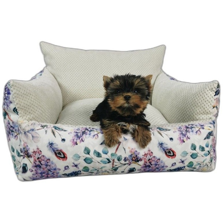 Patut pentru animale TuliLuu, 80x60cm, model cu flori mov, interior ecru, set cu perna in forma de bomboana