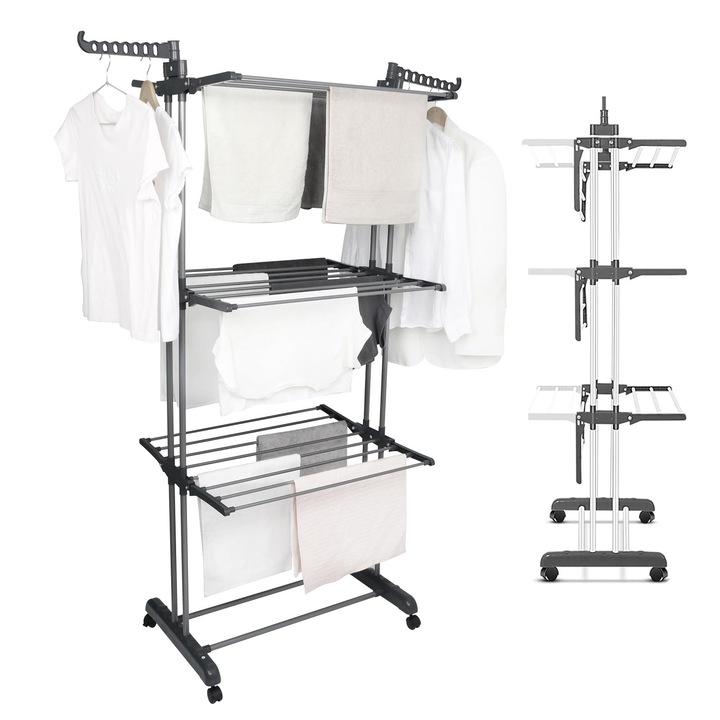 Вертикална стойка за сушене на дрехи, Bedee, 4 нива, сгъваема, мобилна на колела, черна, 73x64x177см разгъната, 73x45,5x177см сгъната