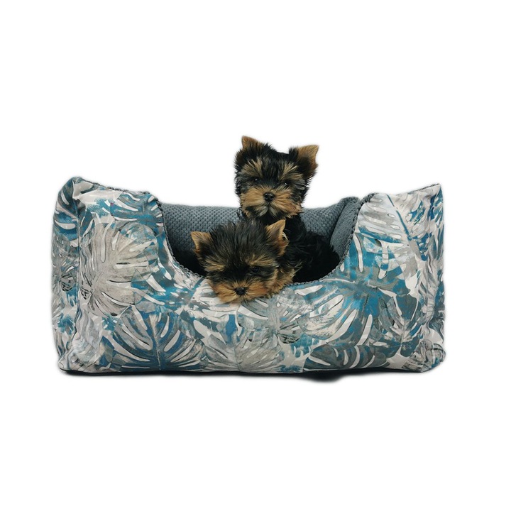 Patut pentru animale TuliLuu, model cu frunze turcoaz, gri, 90x70cm, set cu perna in forma de bomboana