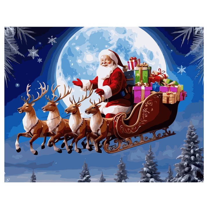 Set pictura pe numere Sania lui Mos Craciun 6223, panza bumbac pe rama lemn, 60x80 cm, tablou cu schita, 3 pensule si vopsea acrilica