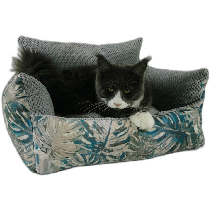 Patut pentru animale, TuliLuu, model cu frunze turcoaz, 90x70 cm, set cu perna in forma de funda, gri