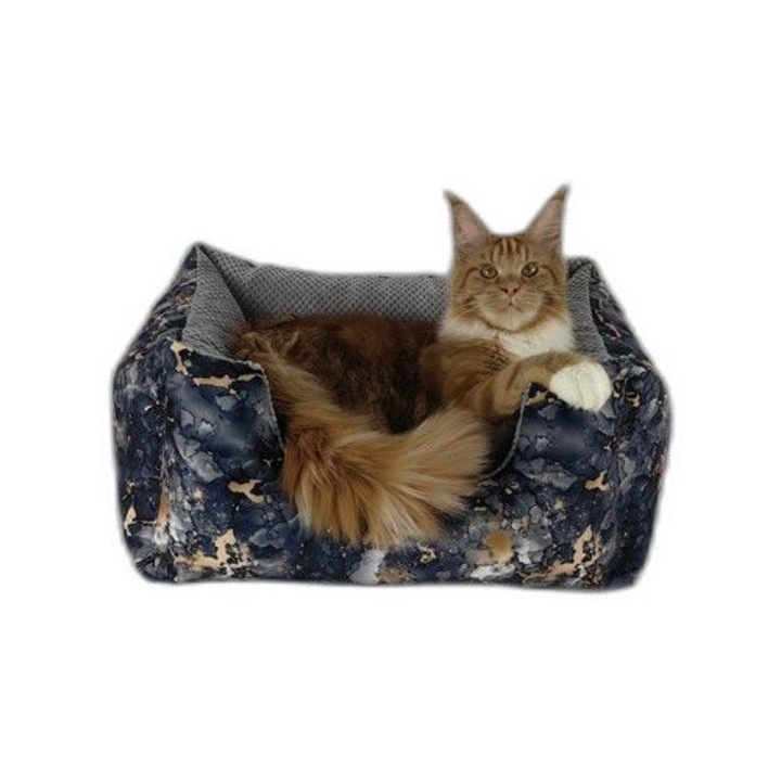 Patut pentru animale TuliLuu, model marmura, interior gri, 100x80 cm, set cu perna in forma de bomboana