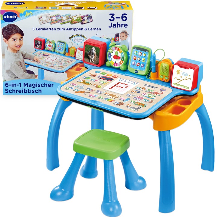 Vtech Magic Desk 6 az 1-ben, interaktív játék fénnyel és hanggal, kreatív író- és számoló készlet 3 éves kortól, székkel