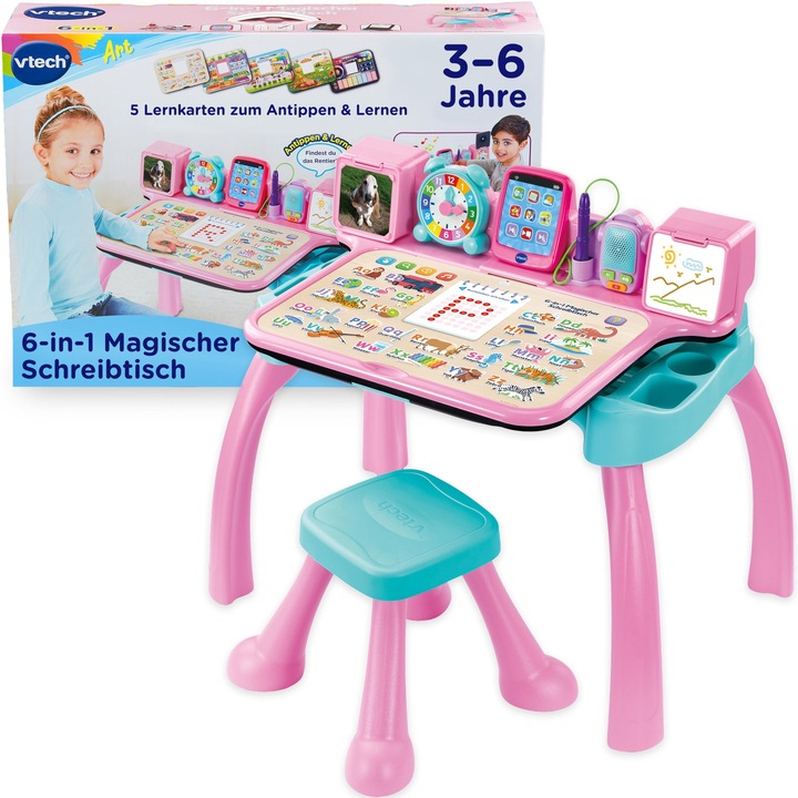Varázsasztal 6 az 1-ben, Vtech, interaktív tanulókészlet fénnyel és hanggal, 3 éves kortól, székkel