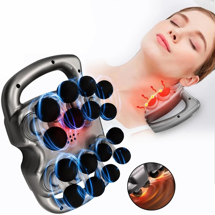 Pistol de masaj, YOUKUKE®, 16 capete, 9 Moduri de ajustare, Cu Percutie Puternica 20Kg Forta Apasare, 2000mAh, Relaxeaza muschii profunzi, Incalzire cu lumina rosie, Potrivit pentru picioare, Brate, Talie, Spate, Gri inchis