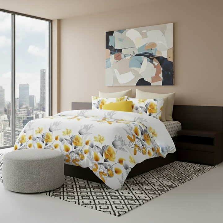 ELVO dupla ágynemű garnitúra, 4 részes, lepedő 230x250 cm, paplan 200x230 cm, 2 párnahuzat 50x70 cm, Virágok Fehér / Sárga