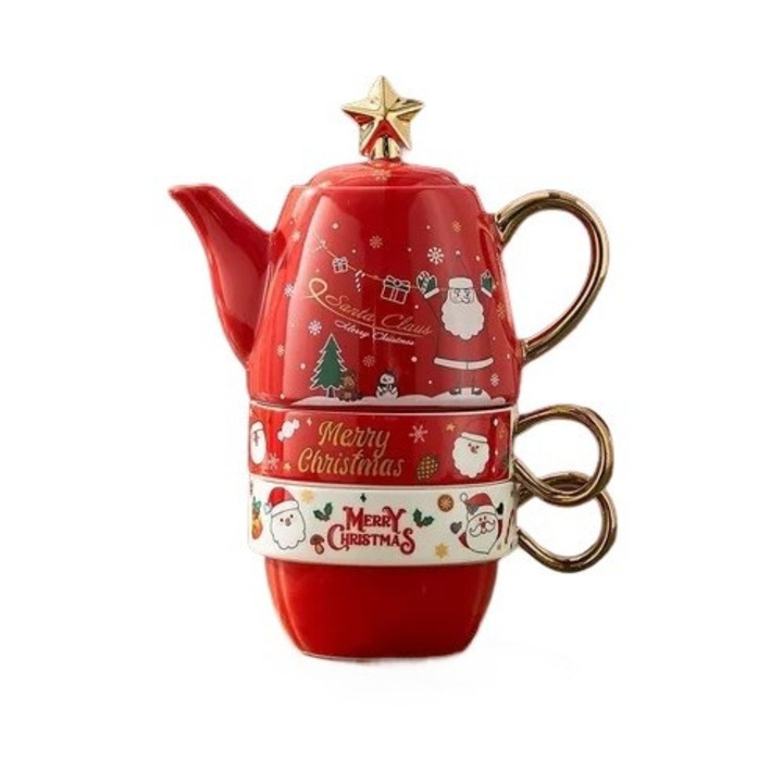 Set de Ceai, Leski, Tema Craciun, Ceainic 450 ml, 2 Cani 250 ml, Model Mos Craciun, Rosu