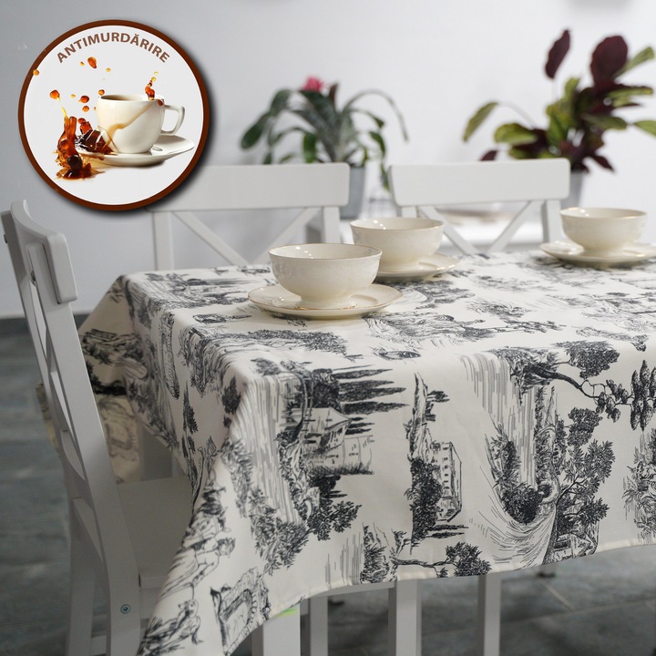 Asztalterítő 160x220 cm, 100% pamut, vízálló, teflonnal kezelt, szennyeződésgátló, újrahasználható, könnyen tisztítható, fehér/fekete színű