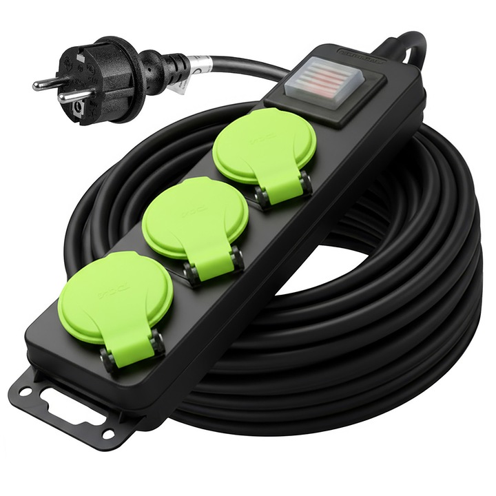 Hosszabbító kábel 20m Vayox VA0376-20 Kertbe/épületbe IP44, 3 aljzat, Fekete