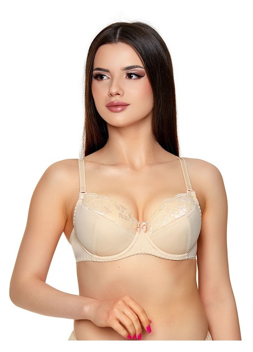 Sutien push-up, Jagoda, rigidizat, cupe dantela florala, bej, bumbac 10%