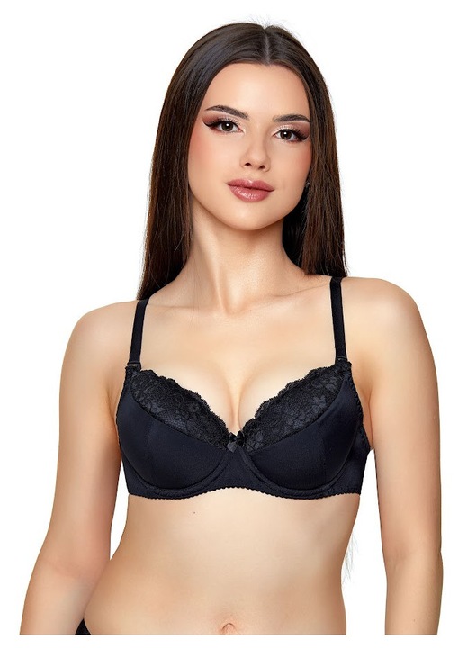 Sutien push-up, Jagoda, rigidizat, cupe dantela floral, negru, bumbac 10%