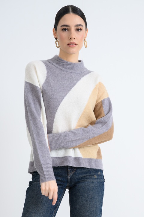 United Colors of Benetton, Pulover regular fit cu decolteu la baza gatului, Gri carbune/Maro deschis/Alb murdar