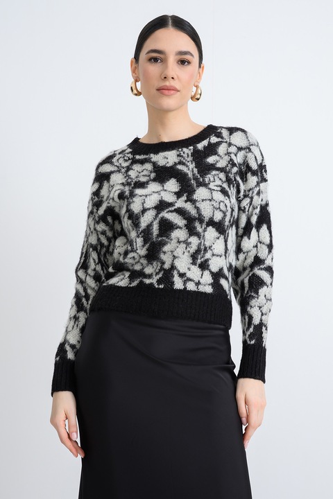 United Colors of Benetton, Pulover tricotat cu imprimeu floral, Negru/Alb murdar