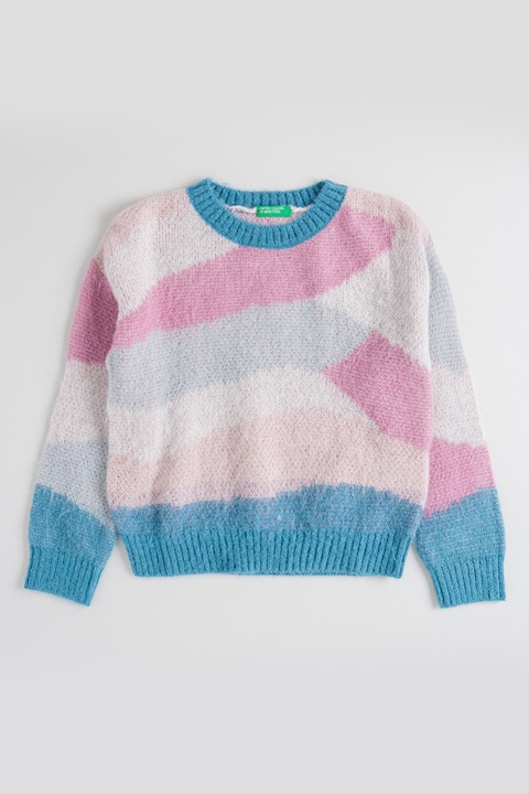 United Colors of Benetton, Pulover din amestec de lana cu decolteu la baza gatului, Roz deschis/Albastru deschis