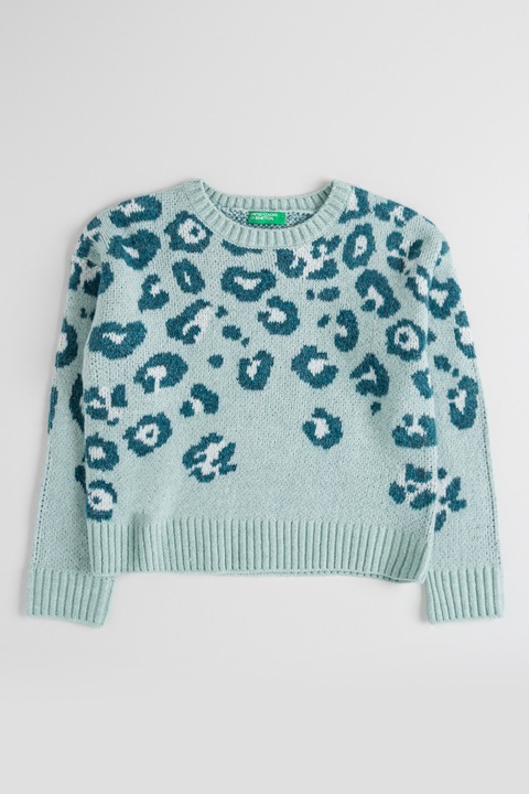 United Colors of Benetton, Pulover tricotat cu animal print, Verde deschis