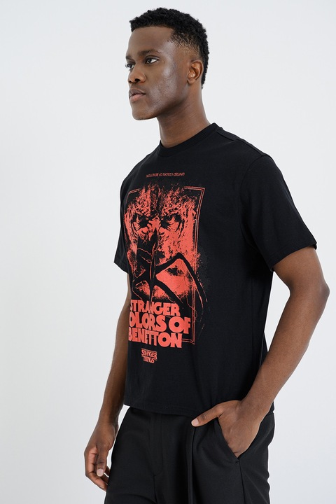 United Colors of Benetton, Tricou lejer cu imprimeu text frontal, Negru/Coral