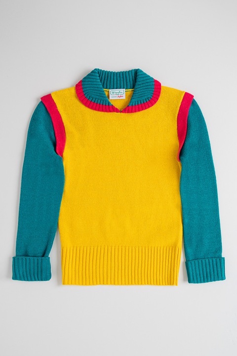 United Colors of Benetton, Pulover tricotat fin, Fucsia/Galben sofran/Verde aquamarin