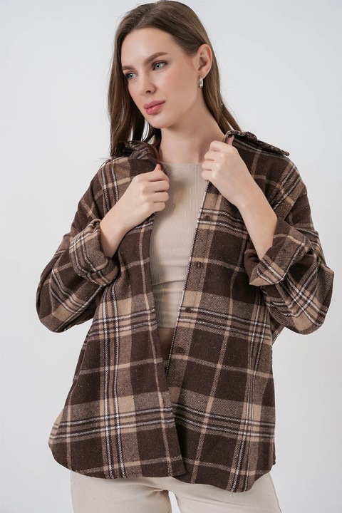 Camasa flanel HiCCUP, Regular Fit, maro mocca, textil
