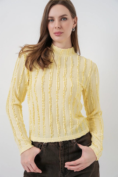 Bluza dama, HiCCUP, Bluza texturata Slim Fit, Galben chihlimbar, Jerseu