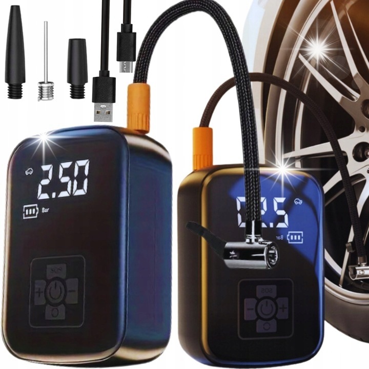 Compresor fara fir, 5 moduri de pompare, acumulator 4000mAh, digital, 13x8.5x5cm, set complet cu adaptoare