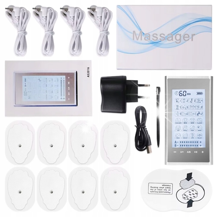 Апарат за масаж TENS EMS, 24 програми, 8 електрода, тъчскрийн, 12,7x7x1,1 см, пълен комплект