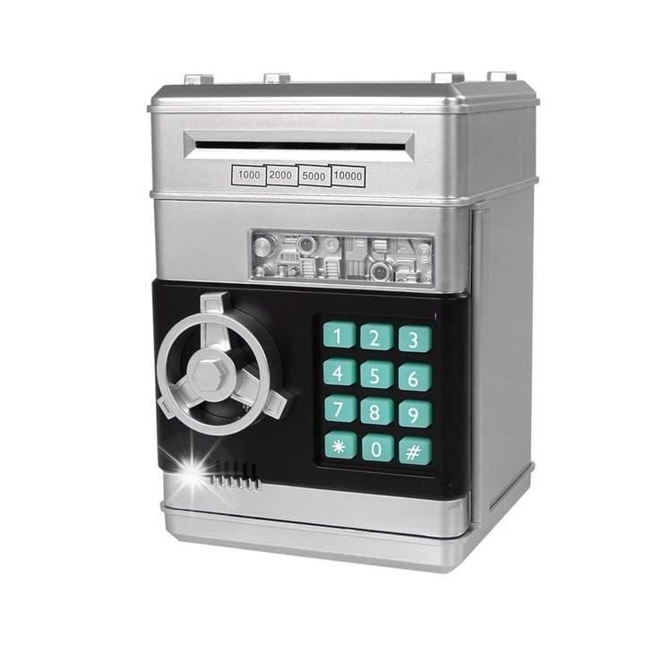 Seif electronic pentru economisire, Lean Toys, argintiu-negru, 14x13x19cm, pentru copii 3+