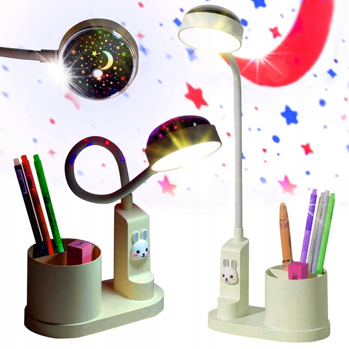 Настолна лампа със звезден проектор и органайзер, бяла, LED, 3 режима на осветление, батерия 2000mAh