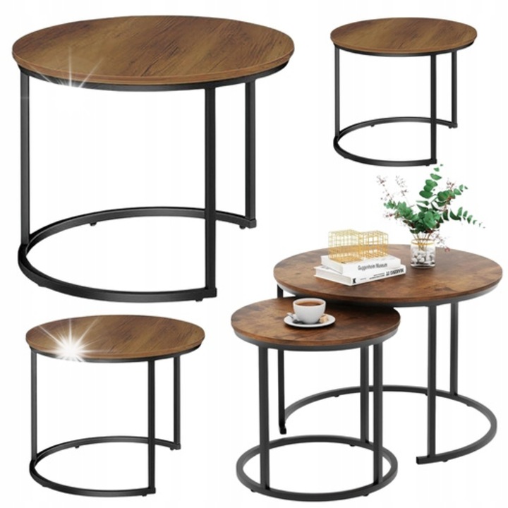 Комплект от 3 кръгли маси, тънки, сиви, MDF и стомана, размери 51x60см, 40x50см, 30x40см