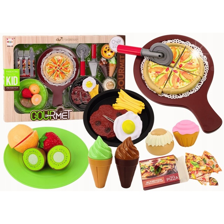 Set Fast Food Lean Toys, pizza, fructe, inghetata, 26 elemente, 54x37x7cm