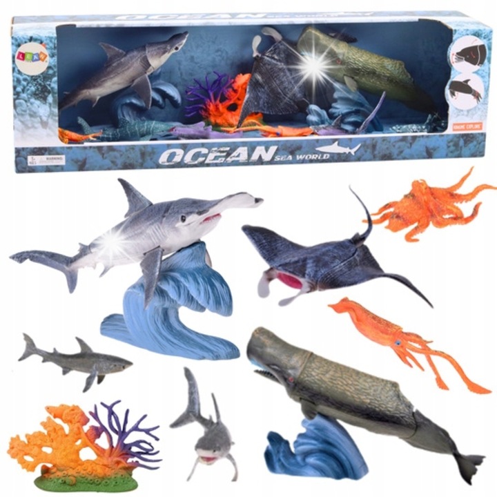 Set figurine animale marine, LeanToys, 10 piese, detalii realiste, elemente mobile, 15 cm