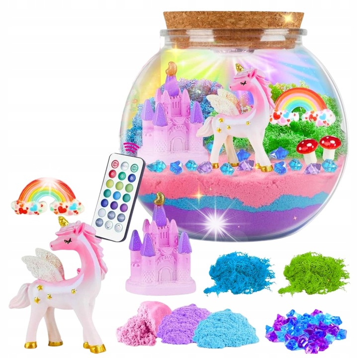 Oktató Játékok és Játékkészlet, Lean Toys, Színes Egyszarvú DIY Terrárium, LED Lámpa Pilóta