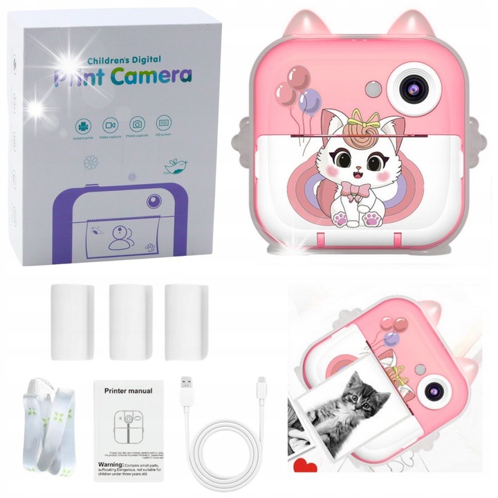 Aparat instant cu Printare Termica, 3 Rolki, Roz, pentru Laptopuri si Gadget-uri pentru Copii