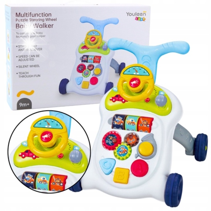 Interaktív gyermekjáróka, Lean Toys, többfunkciós tolóka szenzoros panellel, állítható, 46x45x43,5cm