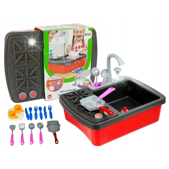 Set Bucatarie pentru Copii, Leantoys, Chiuveta cu Aragaz si Accesorii, Multicolor, 42x32x31cm
