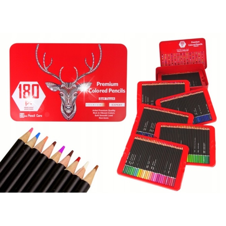 Комплект цветни моливи Lean Toys, 180 броя, 168 обикновени и 12 метални цвята, червен, 30x20x7см