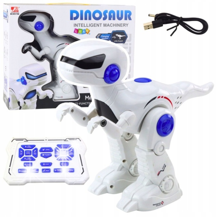 Робот динозавър интелигентен RC Тиранозавър Рекс, бял с черни и сини детайли, 28x24x12,7см