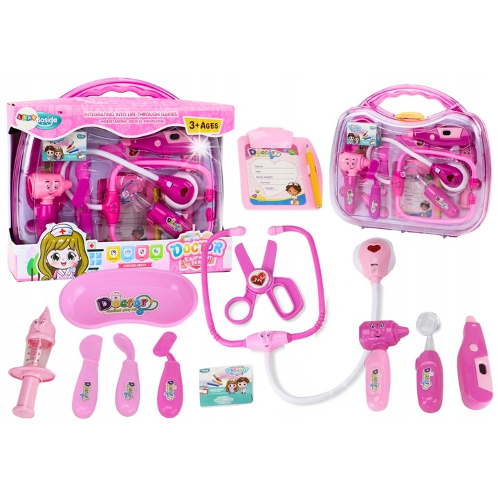 Set joaca doctor, Lean Toys, roz, 29,5x27x7,5cm, 30,5x27x8,5cm, cu efecte luminoase si sonore