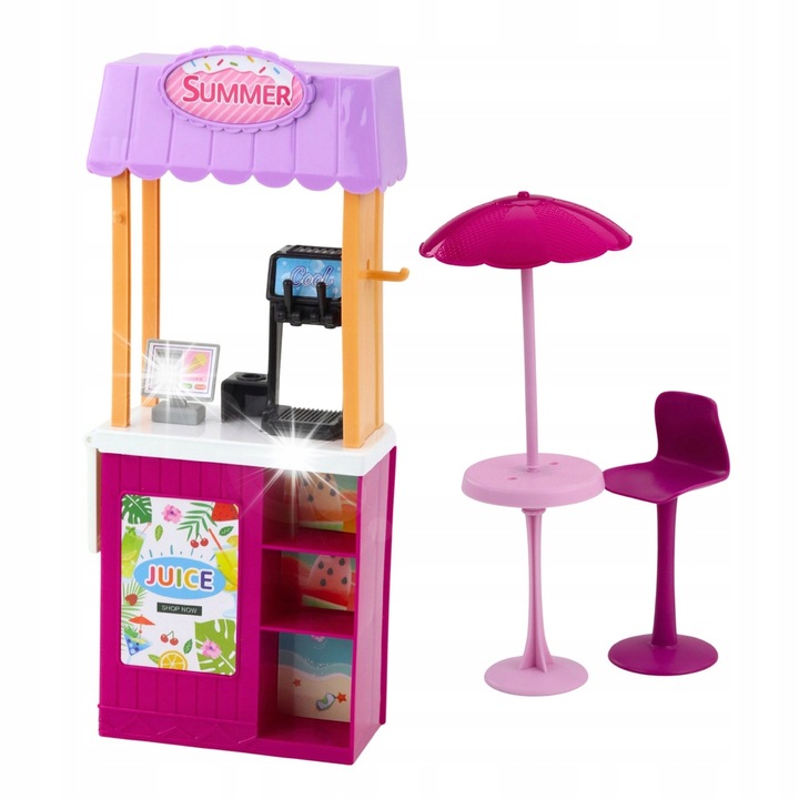 Set papusa Anlily, 30 cm, cu piscina, tobogan, sezlong, umbrela, masa, scaun si chiosc cu bauturi